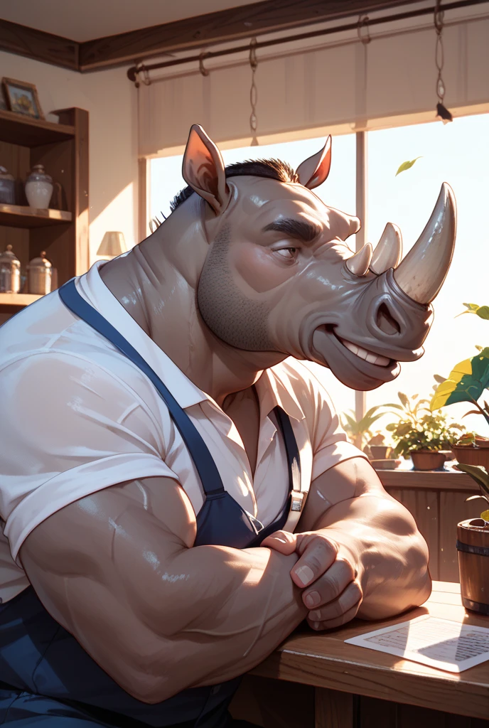 fat male rhinoceros, full sleeve colorful tattoos on both arms, torso covered in colorful tattoos, small ponytail, mid 40s, naked, black pants, no shirt, doing pottery, highly detailed, photorealistic, cinematic lighting, dramatic shadows, vibrant colors, 8k, award winning digital art