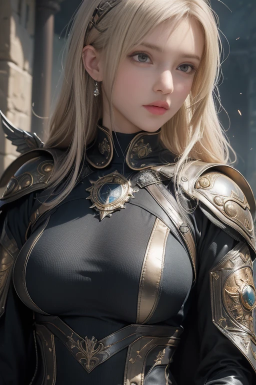 ((World of Darkness)),Professional , ​masterpiece、top-quality、photos realistic , depth of fields 、(((With a magic wand of gems))),（Dragon White Metal Body:1.9),(latexsilver-blue、A detailed face、（cleavage of the breast）（Fight dragons）、、(((Particles of light))),（Micro Bikini Armor:1.7),Beauty face、Gorgeous gold weapons ,（Fight dragons）、Seductive look、（blood splattere、（(((With a magic wand))), ） , (((Wearing a black latex wizard hat))),（demonic wings）   ,（（a blond））、（Castle background）、（（Gangle's forest background））、Beautiful Caucasian beauty、１a person、dynamic ungle,(((Detailed and ornate dragon wizard hat)))、Smaller head、A smile、Castle background、Thin and beautiful female hands、cleavage of the breast、Soldier in iron armor on background、Mystical expression、Light Effects、intense fighting、Wind-effect、magic circles、With the legendary magic wand、Dragon's tail、explosions、Toostock、Toostock、