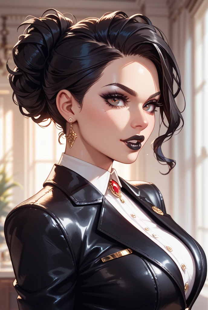 Tall and slender busty woman; medium shoulder length, black hair; fit, dainty body; amber-golden eyes; sharp jaw, siren eyes, full lips, full eyebrows, greek nose; soft features; girl-next-door look; best quality; trending on artstation; complex volumetric lighting; strong shadows; artistic lighting; dynamic; energetic vibe; realistic skin; specular highlights; micro-textures; highly detailed hair; wearing a black leather jacket; French