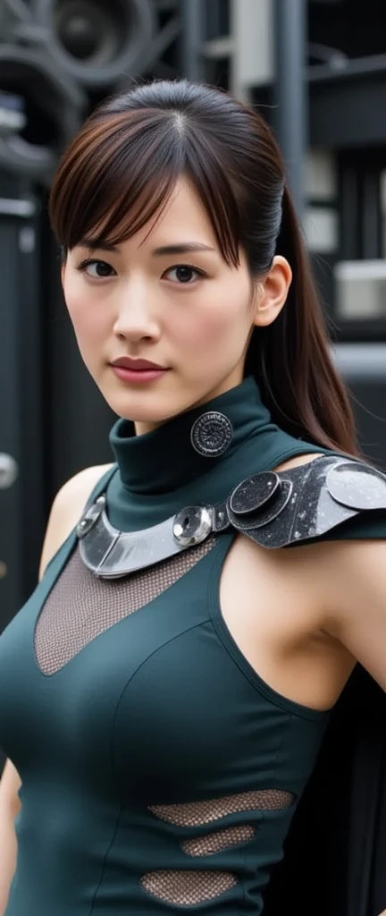 award winning color photo, 32K, (high resolution:1.23), (photo realistic:1.3), (ray tracing:1.23, refraction:1.1), (soft saturation:1.1), (fair skin:1.2), detailed background, detailed skin, detailed nose, lifelike texture, neon, cyberpunk, chromatic aberration, iridescent, a beautiful woman, slender waist, seductive smile, excited, cyber suit armor, cyber bodysuit, robotic suit, leather armor, shoulder pad armor, skulls next to her waist, centered, lipstick, bright colors, contrast, (((nice hand, beautiful hand, perfect hand))), <lora:flat2:-0.23>,