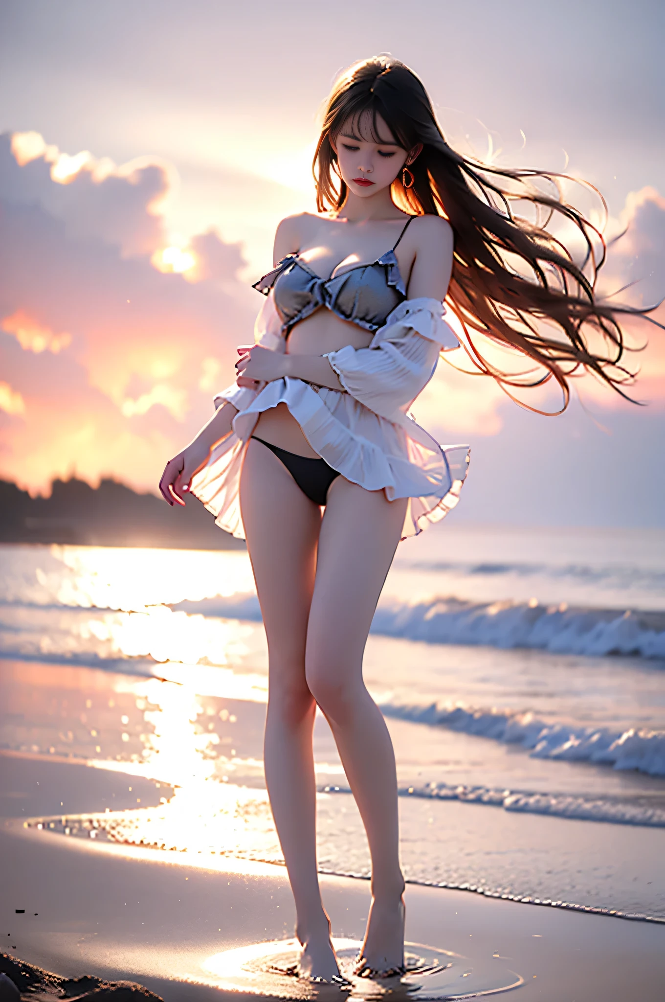 frilled shirt collar, long sleeves, frilled panties, shrug \(clothing\), crop top,black panties, ,,((full body, from below)), (masterpiece, best quality, ultra-detailed, 8k), realistic, a beautiful sexy long-legged model on a tropical beach, (I-type Valley), (Full breasts, visible cleavage, very short skirt hem, exposed shoulders), (Tyndall Effect), standing in shallow water, one hand playfully lifting her hair, the other gently raising the hem of her flowing summer dress, seductive pose, perfect and symmetrical leg anatomy, bright blue sky with fluffy white clouds, sun-kissed skin, glistening water, soft natural lighting, (wind blowing gently:1.1), (ambient lighting:1.2), bokeh, cinematic shot, dynamic angle, professional photography, shallow depth of field, sharp focus, vibrant colors, (slightly tanned skin:1.1), (natural makeup:1.1), (delicate features:1.1), (flowing summer dress:1.2), (ocean waves gently lapping at her feet:1.1)