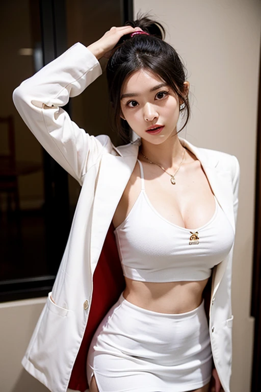 "Top CG, the highest picture quality, masterpiece, delicate and delicate Bishōjo, ((185cm beautiful woman)), (tall and tall), imperial sister, queen temperament, white skin, exposed chest, long legs, perfect facial features, bright eyes, red lips, beautiful and cold, (big breaks) ）, delicate luminous eyes, exposed navel clothes, white leather clothes, tight leather clothes, 4k picture quality, Cosmo Lady, modern city, realistic portraits“