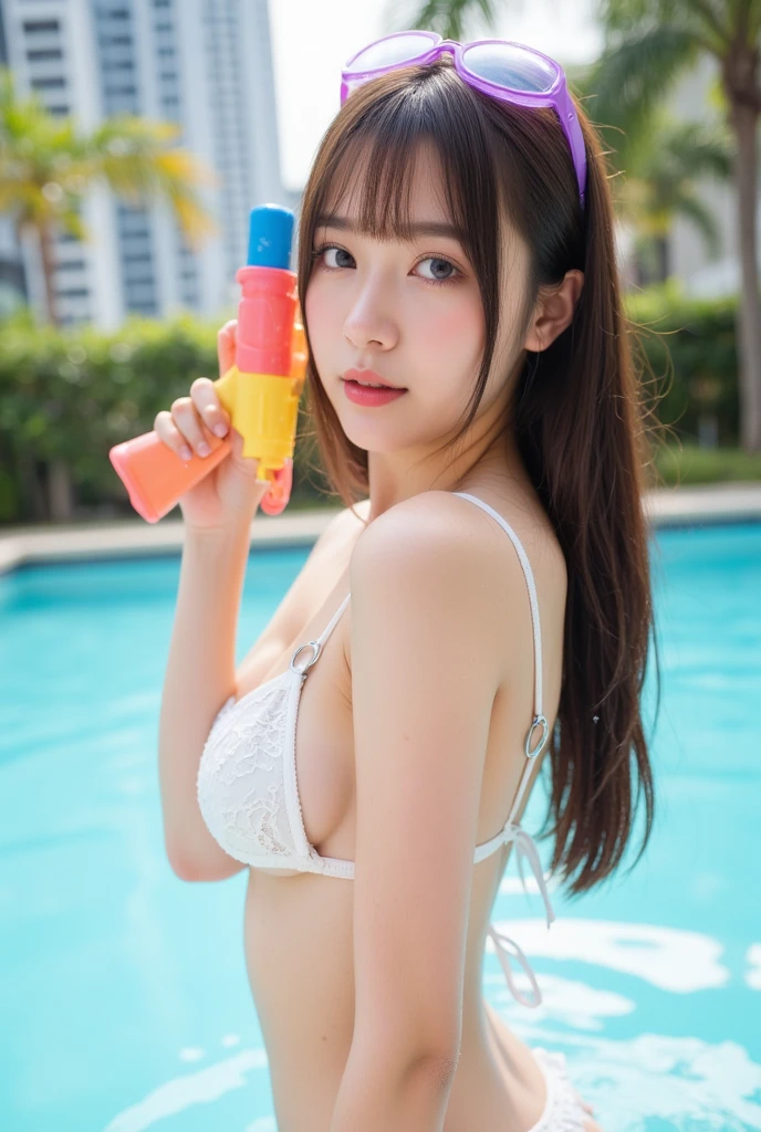 Top quality, masterpiece, high quality, ((loli)))), (loli)), (loli)))), cute, ((1girl)), (gigantic breasts)))), (gigantic breasts)))), chubby, chest moles, thick thighs, long hair, micro bikini, bikini with fancy patterns, shiny bikini, show from head to toe, full body, standing, pool, smile