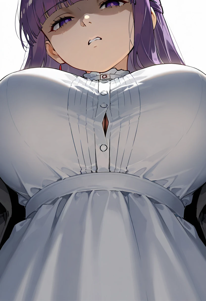 Samurai woman with gigantic round breast that are twice the size of her head, she has extremely wide hips, she wears a long dark hakama that covers her body, holding katana, she has a serious look on her face, ready for battle