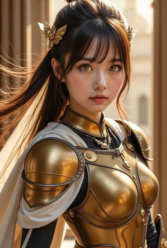 beautiful japanese young woman, wearing spiderwoman armor made of papyrus, thick symmetrical features, very short hair, background is cherry blossoms, pink aura, red lips, octane render,