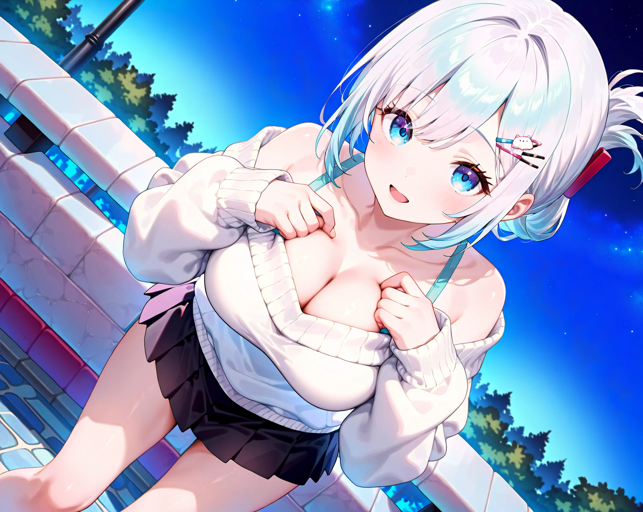 Ultra-high image quality,Look at viewers, hands behind back, girl with, 20 years old, Very short hair, long bangs between eyes, blue eyess,Black eyes, Hoodie, Skirt , Extremely detailed,(​masterpiece、top-quality),White hair、A smile、Fantastical, Silver hair,,  Hoodie, White hoodie,a black skirt,Hair is short,White jacket, Casual style,Open jacket, , look down from above、open open mouth、5 fingers、fountain in the forest、flower  field