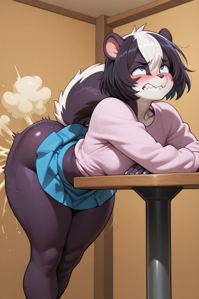 (((Skunk Girl))), Mischievous grin, despise, (((Skunk Tail))), (((big tail))), massive ass, leaning, black socks, (Long socks), skirt, upskirt, (short skirted school uniform), standing, velocity, Panties(white panties), Turn around and look down, Moist eyes, fart, farting, Fart from the ass, giant fart, Yellow smoke, Yellow smoke is rising, classroom