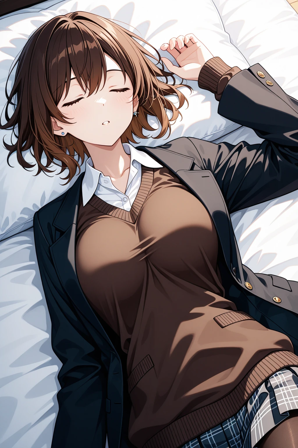 hi-school girl、on the beds、brownish hair、校服、(Brown blazer)、Ribbon Ties、(barechested:1.4)、Open your crotch、insertion、cum shots、(Black tights)、masterpiece、highcontrast、cinematlic lighting、Detailed shading、top-quality、Top image quality