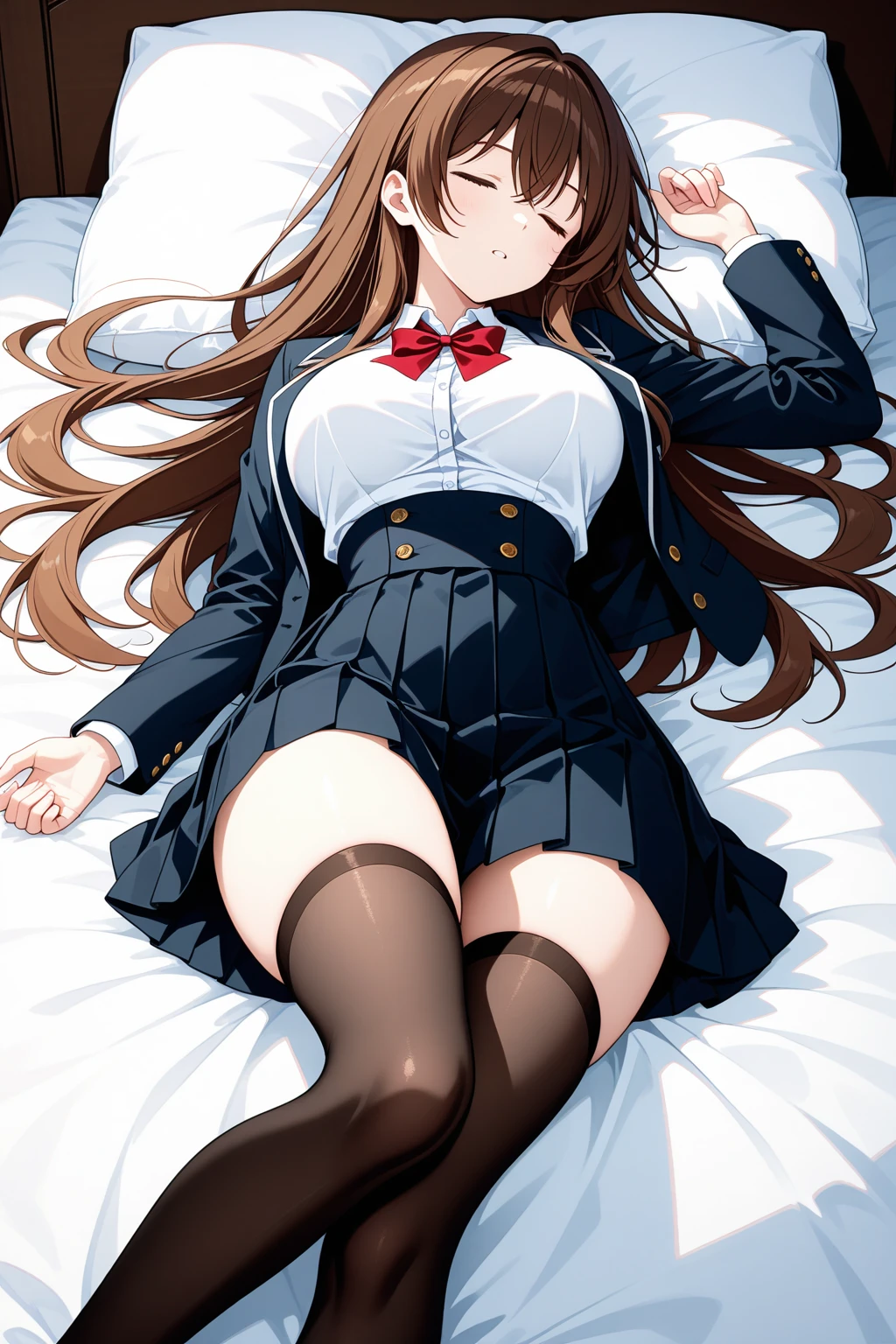 Top quality, masterpiece, insanely detailed, (Full body shot), front view, symmetry, Mature Japanese high school girl, alone, (Solo: 1.3), slender legs, whole body from head to toe, from above, sitting, M-shaped legs, staring at the viewer: 1.3), small breasts, (black pantyhose): 1.2), white panties showing through the stockings, very beautiful 17 year old girl, no shoes, (Blush: 1.3), Shy big eyes, (Short (brown hairy part), (bangs), messy hair, (hair clip), lying on white sheets, looking at you: 1.3), looking at the camera, white panties visible, white lingerie, high school uniform blazer, high school uniform white blouse, high school uniform blue ribbon, high school uniform plaid and navy pleated short skirt, Misaka Mikoto, brown very long hair, brown eyes