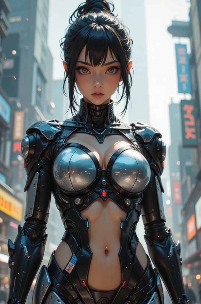 young woman, in their twenties, black hair, messy bun, blue on the inside of the back of the hair, pink eyes, bold mechanical clothing, voluptuous body, high altitude, Winning smile