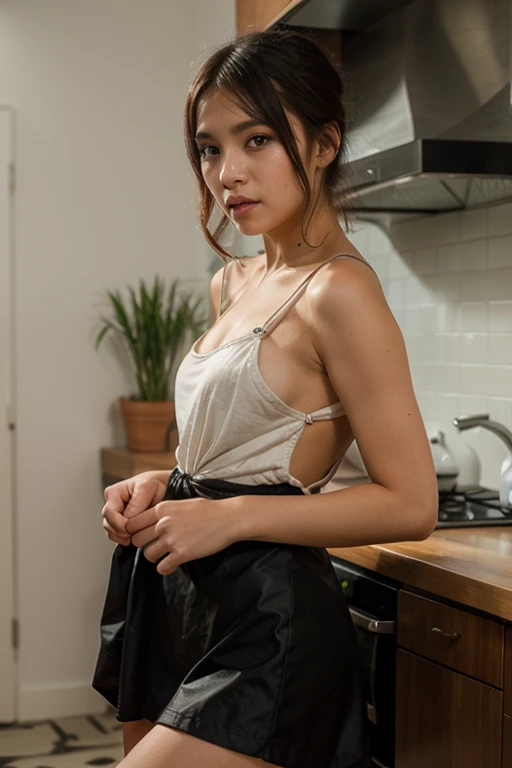 Japanese girl with glasses and maid dress cooking in kitchen