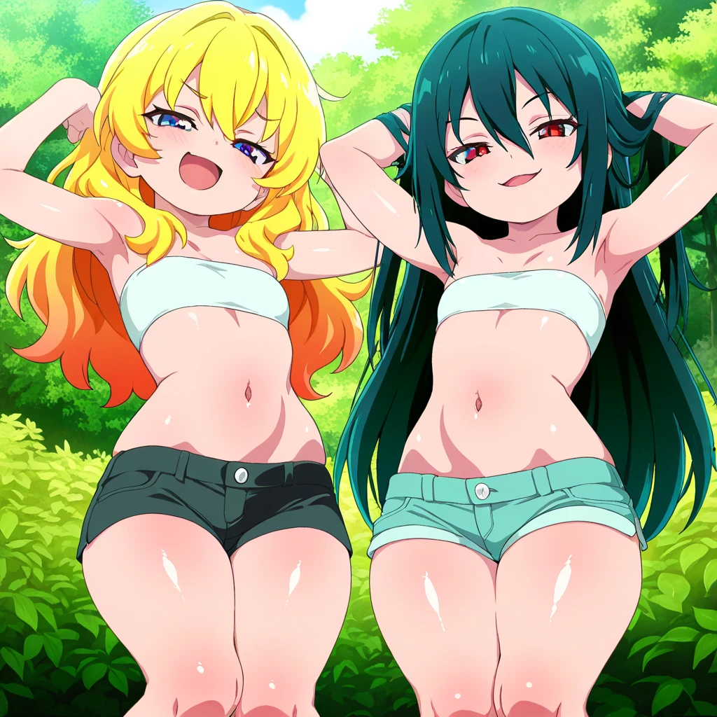 girls, highschool, (armpit), exposed shoulders, no panties, navel, (toned midriff:0.5), (smooth hair), happy, (toned arms:0.1), sunlight, light shading, hairpin, armring, thighsocks, graphic shirt, feet