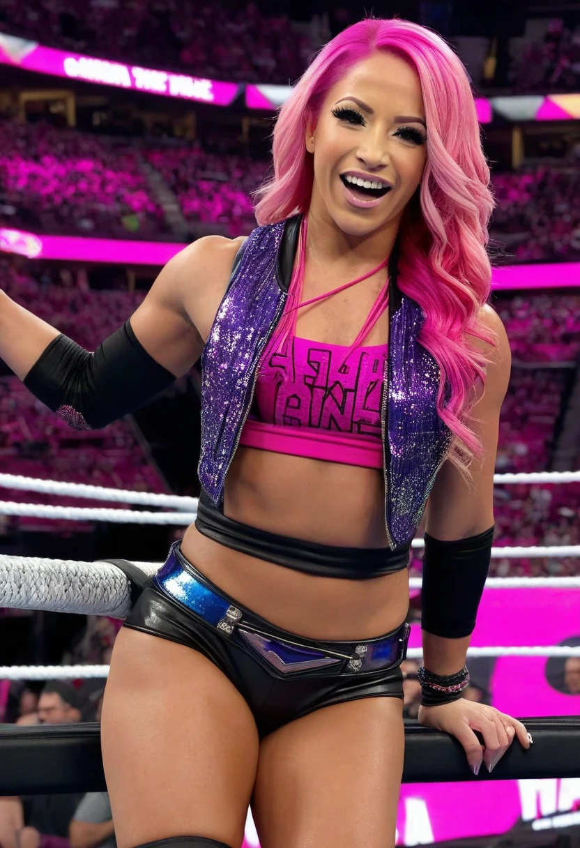 Sexy woman Wrestler big tits unmasked hair purple in ring