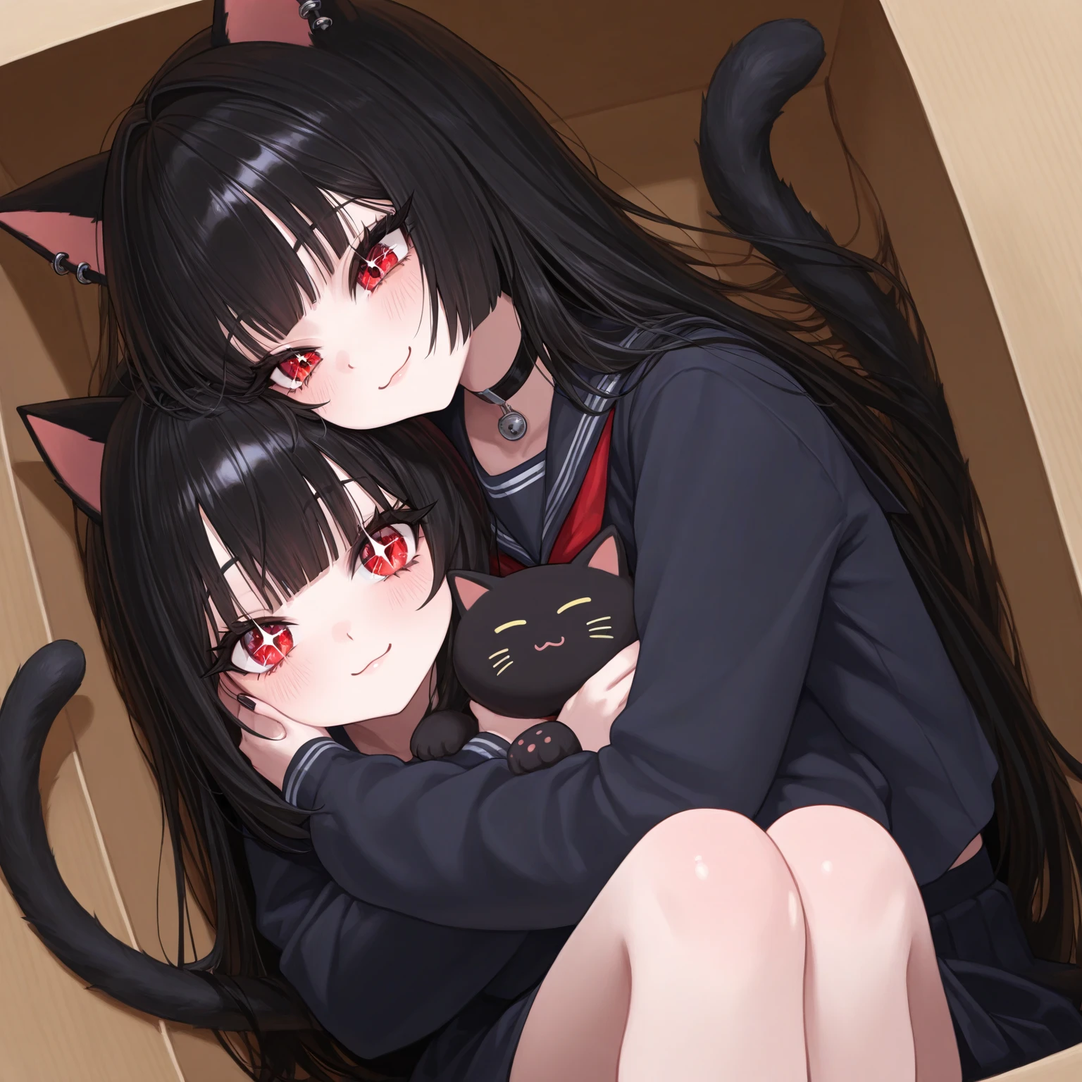 man with cat ears, dark green hair, blood red eyes, work suit, black leather jacket, carrying, smiling proudly, his daughter an 8 year old girl with cat ears with dark green hair, blood red eyes