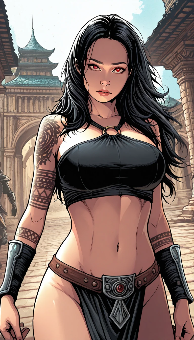 Uma guerreira mulher de 35 anos musculosa quase nua no estilo Simon Bisley para a capa da revista Heavy Metal, cabelo metade preto metade branco, Minimum clothing, Roupas curtas,