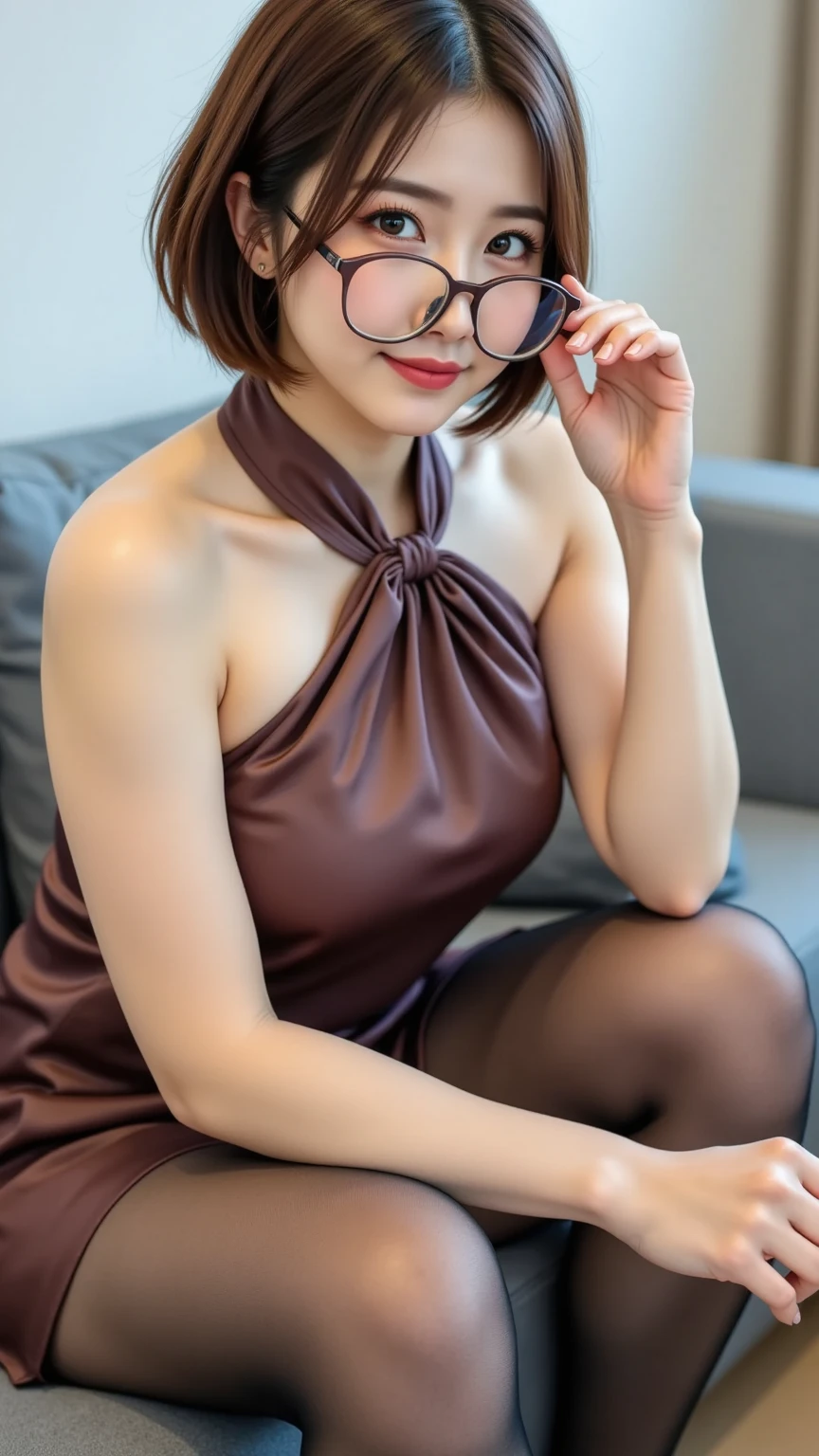 A photo of a young, nerdy woman sitting in a hotel lobby, wearing a random shirt and a bow, surrounded by a cozy atmosphere, looking at the viewer.
short hair, slender, red lips, transparent fabric, flirting with the camera, closeups cleavage, adult photo 