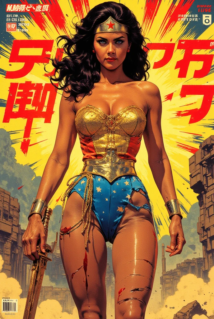 arafed poster of a woman in a leather outfit holding a gun, tokusatsu movie poster , movie poster painting, japanese vhs cover art, vibrant and bold pop art with high contrast colors, dynamic composition, and exaggerated details