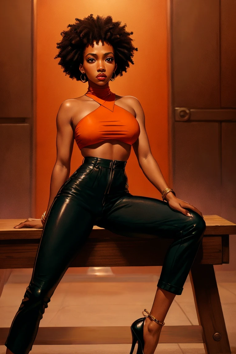 A full body of a tanned woman with an orange bob with ((very short bangs covering eyes)) and red lipstick, straight fringe, sweeping long wild orange hair, short straight bangs, with short bangs, orange long hair, orange hair. Dressed in a short very sexy deep-cut ice-blue dress