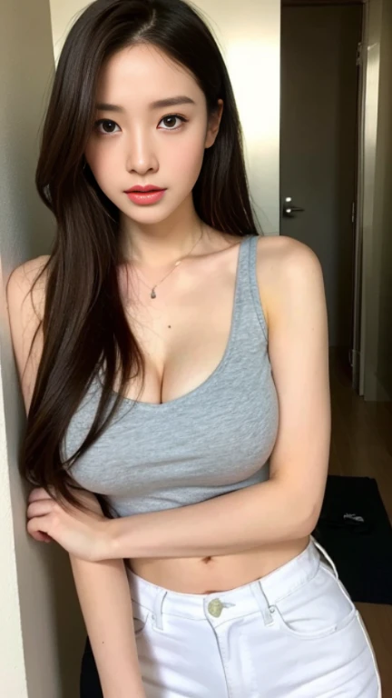 (lifelike, high - resolution:1.3), 1 girl with a perfect body, Super fine face and eyes,slong hair, Tank top of random colors:1.2, no jeans, big boob,Expose cleavage
