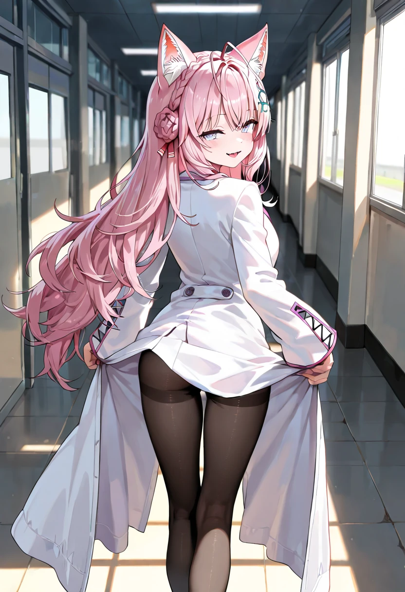 High quality, masterpiece, ultra-detailed, highly detailed outfit, unbuttonned white shirt, black pantyhouse, panties, 1girl, solo, peaceful expression, long pink hair, enchanting eyes, fox ears, nipples, back view