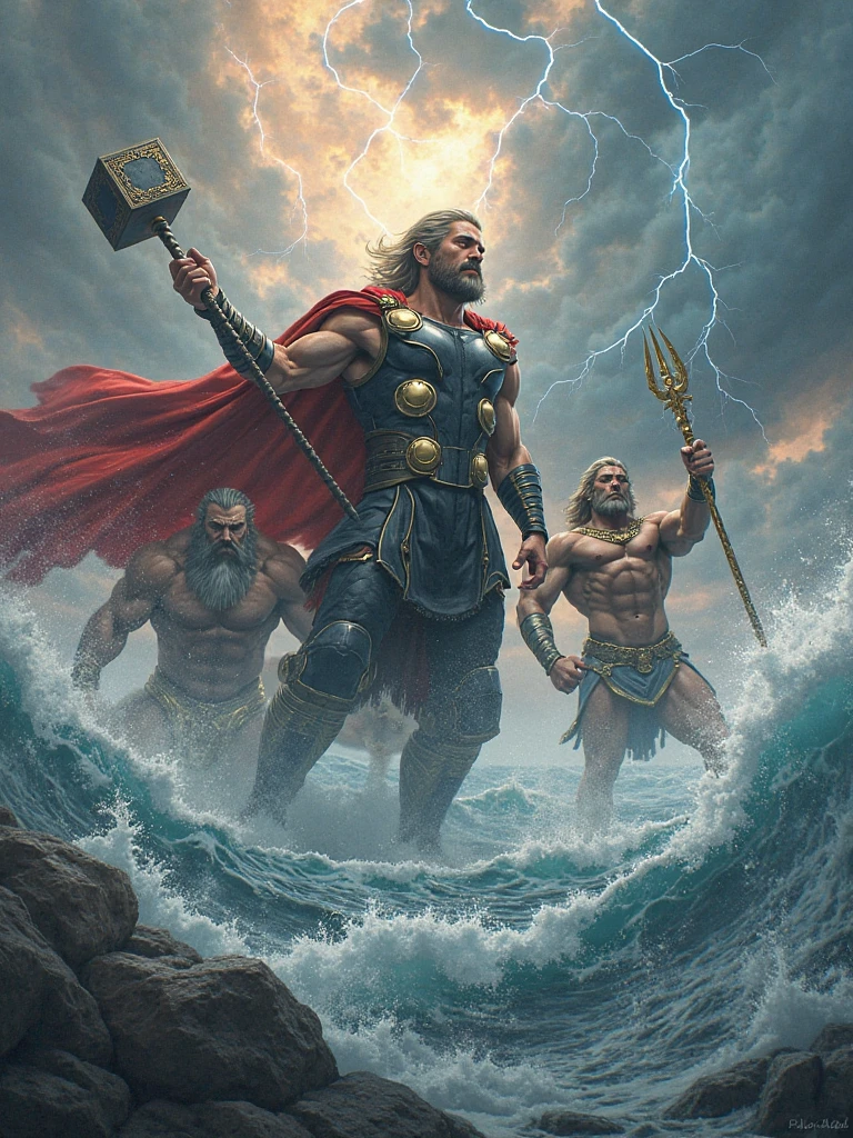  A shirtless body builder king with hair on his shoulder standing  on the deck of a ship wearing white, with his sword in the air, in back ground 4 slave blonde white tall almost naked girls standing obediently beside the king with big breasts coming out from their long sleeveless pink and green shirts covering slightly their vaginas and beautiful hips , looking at him, thunder touches  the sword while lightening.all facing towards front side.
