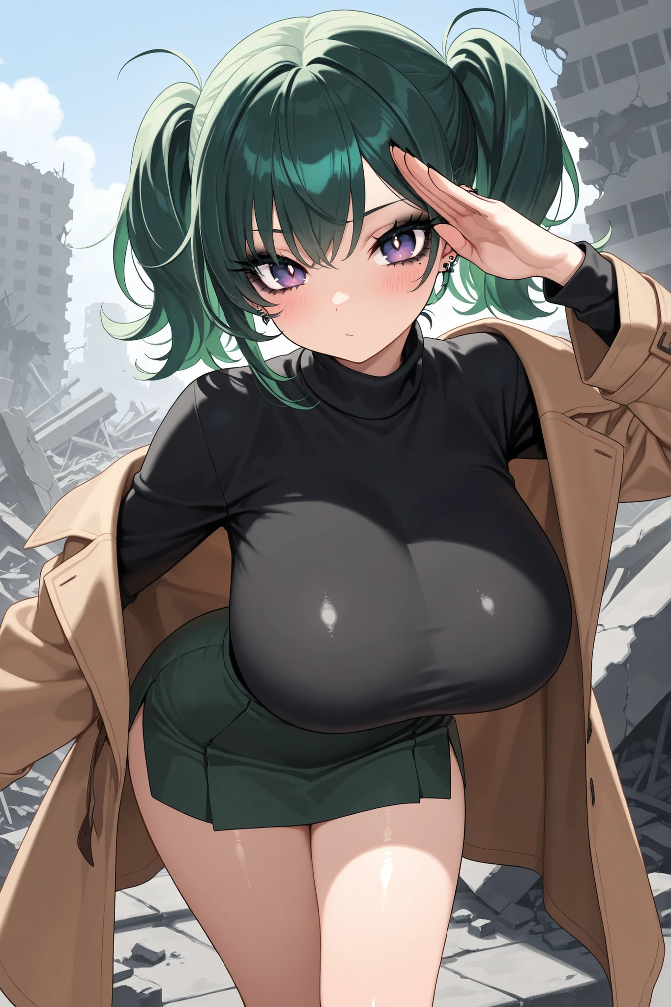 ((1girl)),((alone)),Tooru Hagakure,(masterpiece), (best quality), (ultra detailed), (best illustration), (best shadow), (absurdities), sharp focus, cowboy shot , looking at viewer, big breasts, narrow waist, wide hips, medium thighs, round butt, dynamic posture, green hair, blush, green eyes, messy hair, medium hair, bangs, hair between the eyes, hair, (short green jacket open jacket, black sports bra, cleavage, collarbone, black yoga pants, thigh gap, thick thighs, black pants, embarrassed, blushing, gloves, blue gloves, seductive smile,closed mouth, (sexy pose:1.2), alone,standing:1.3, outside, night, cityscape, streets, city, city lights, looking forward,((focus on hips)), pov ( from middle), red blush, perfect anatomy, perfect hands