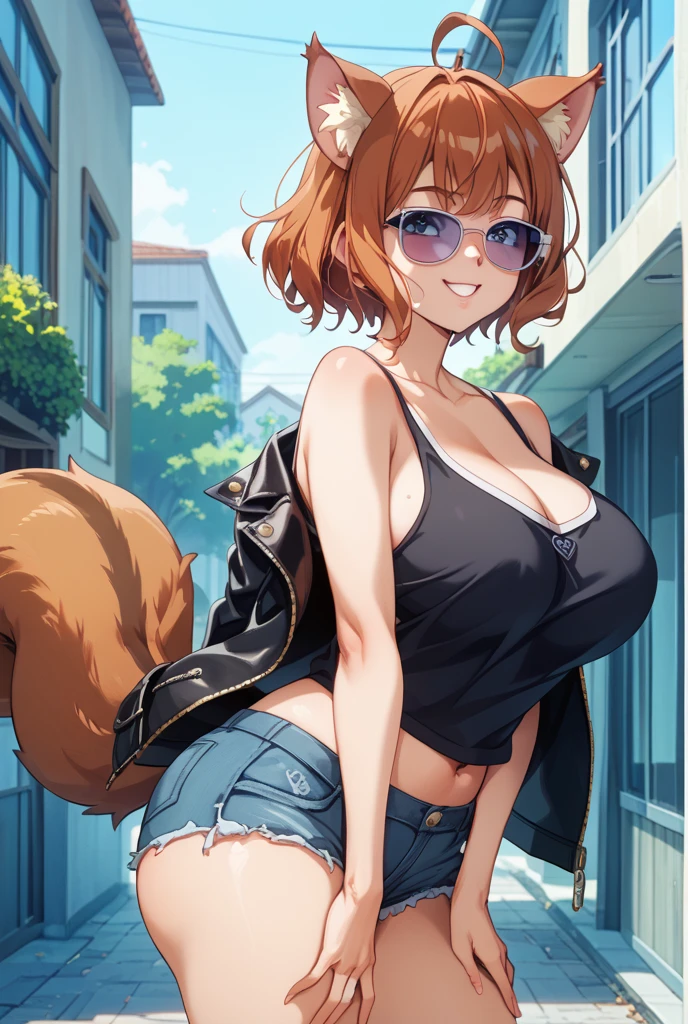 look up to, Perfect body, woman, mature female, very short hair, hime cut, parted bangs, light brown hair, streaked hair, extremely beautiful detailed anime face and eyes, arrogant smile, tareme, animal ears, ,p, large breasts, Red eyes, kunder-rim eyewear, fur trim, jacket|hoodie, black gauze skirt, black footwear, open jacket, aqua Clothes, dusk, dusk sky,
