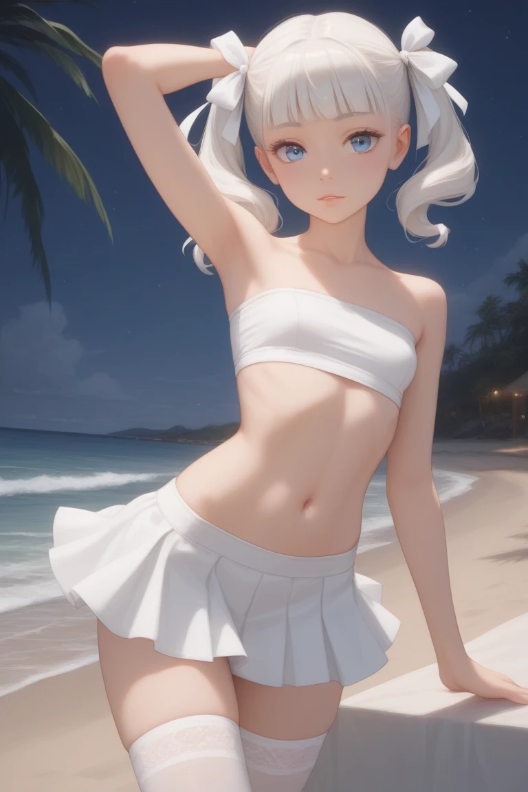 masterpiece:1.2, best quality, (ultra detailed), (highly detailed:1.2), (1girl, solo), facing away, bea pokemon, black hairband, (dark-skinned female), hair between eyes, white hair, short hair, solo, grey eyes, looking at viewer, large breasts, dynamic standing pose, outside house, house background, distant ocean background, skimpy white dress, skimpy pleated skirt, no underwear,