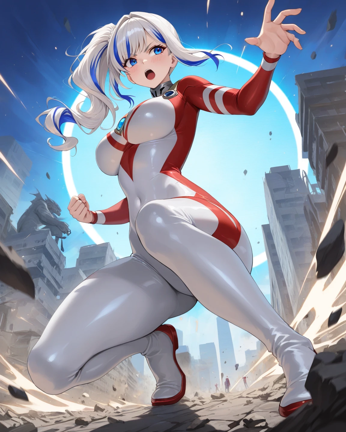 hat, necktie, gloves, ribbed bodysuit, expressionless, blank eyes, looking at viewer, corruption, mind control, female combatant, full body, hypnotized, unhappy trance, full body, obey, perfect female body, hypnosis, hypnoLora, empty eyes, Mind control device, poses, submissive_pose, Slave, standing straight, standing, standing at attention, Fighting Stance, extending the right arm from the shoulder into the air with a straightened hand, (((pixel-perfect, detail-perfect))), solo, 1girl, hair ornaments, medium hair, large breast, huge breast, solo,1girl,spasnormal,hair ribbon,red eyes,grey hair, twintails, sabrina, SPASNORMAL