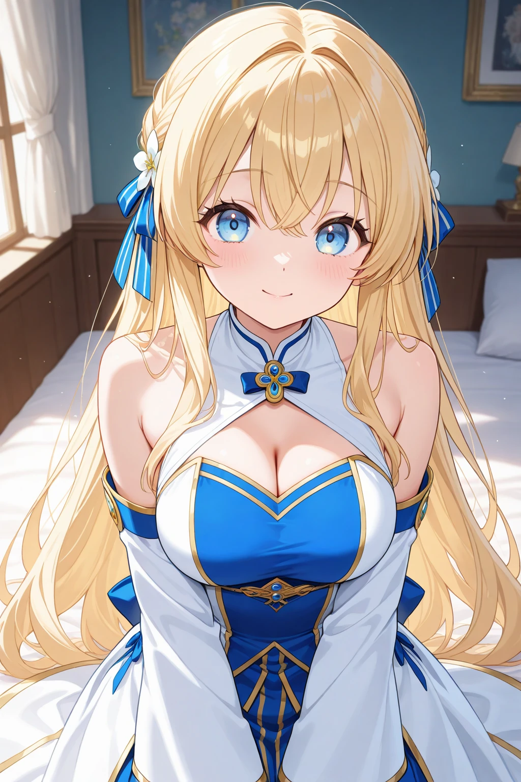 1 girl , upper body, blue eyes, yellow hair, white bra, long hair, big chest anime girls