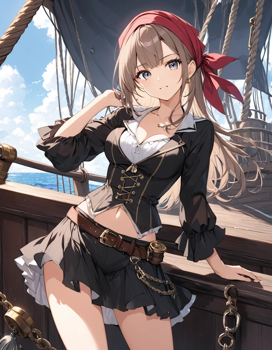 Highest quality, masterpiece, Ultra-high resolution, Realistic:1.2, RAW Photos, Intricate details, Portraiture, Big beautiful brown eyes:1.2, Perfect contours, Perfect proportions:1.2, ((female pirate:1.2)), break ((full body:1.2, ((from below:1.2)), (front shot:1.2), looking away:1.2)), ((petite, short, tiny girl:1.2)), Light Brown Hair、((long hair, twintails:1.2)), (makeup:1.2, full lips:1.3, pink lips:1.3, shiny lips:1.3, parted lips:1.2), ((Pirate costumes:1.2, Pirate Shoes)), break ((Hold your mouth、Place your hands on the floor、Kneeling on the floor、Leaning forward:1.2))、(Crying face:1.2), (The background is the deck of a pirate ship:1.2、There are a few pirates wandering around、Many pirate ships), (empty-handed)