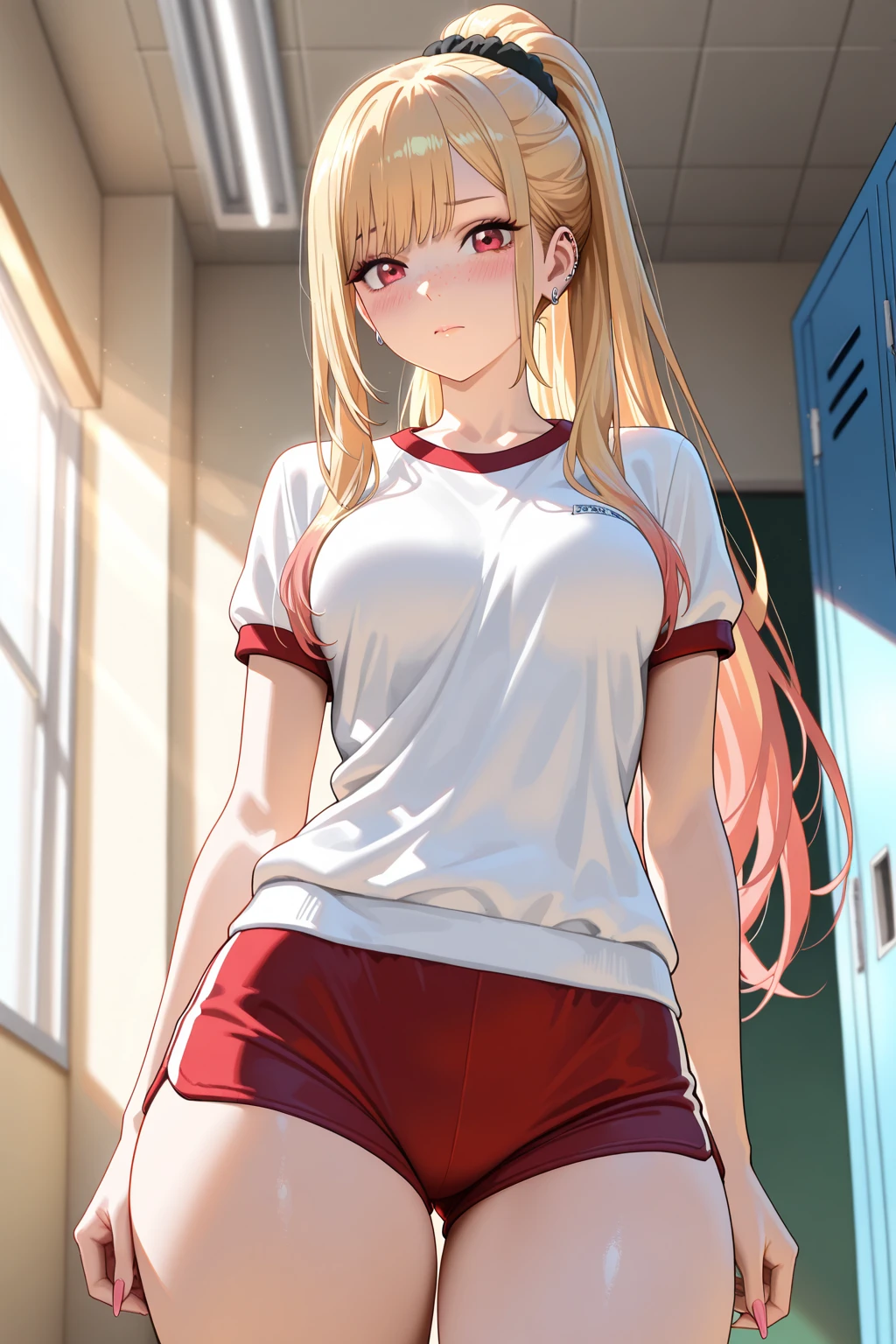 masterpiece,best quality,high resolution,8k,ultra HD,wallpaper,illustration,beautiful detailed eyes,perfect face,cowboy shot,beautiful detailed eyes,extremely detailed face,perfect lighting,extremely detailed CG,perfect hands,perfect anatomy,perfect body,perfect hands,perfect fingers,1woman,full body,megami magazine,(muscle fighter:1.1),yellow medium hair,(yellow eyes:1.3),(large breasts:1.3),Medium ASS,,white short sports t-shirt, sports small bloomers, clothed,looking at viewer,sexy look pose,cameltoe,Steam,wet,sweat,school gym,,,(A Certain Scientific Railgun character Shokuhou Misaki:1.2),1person