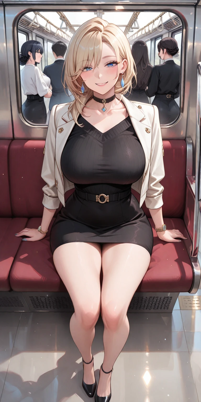 1 beautiful woman, blonde, big body, black skirt, green jacket, green heels, cleavage, asleep on the bus, mouth open, eyes closed, ((Very intense makeup)), voluptuous woman, Lucy Pinder, mouth open.