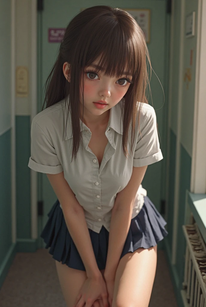 Realistic, Young schoolgirl, Lori, Brown hair, Glowing eyes, School uniform, crass room, Flowers, Sun, Sunlight, Midriff, cleavage, tight stocking, backpack, downbrouse, Showing panties, sitting at the desk, begging, ((submissive)), looking up at camera,