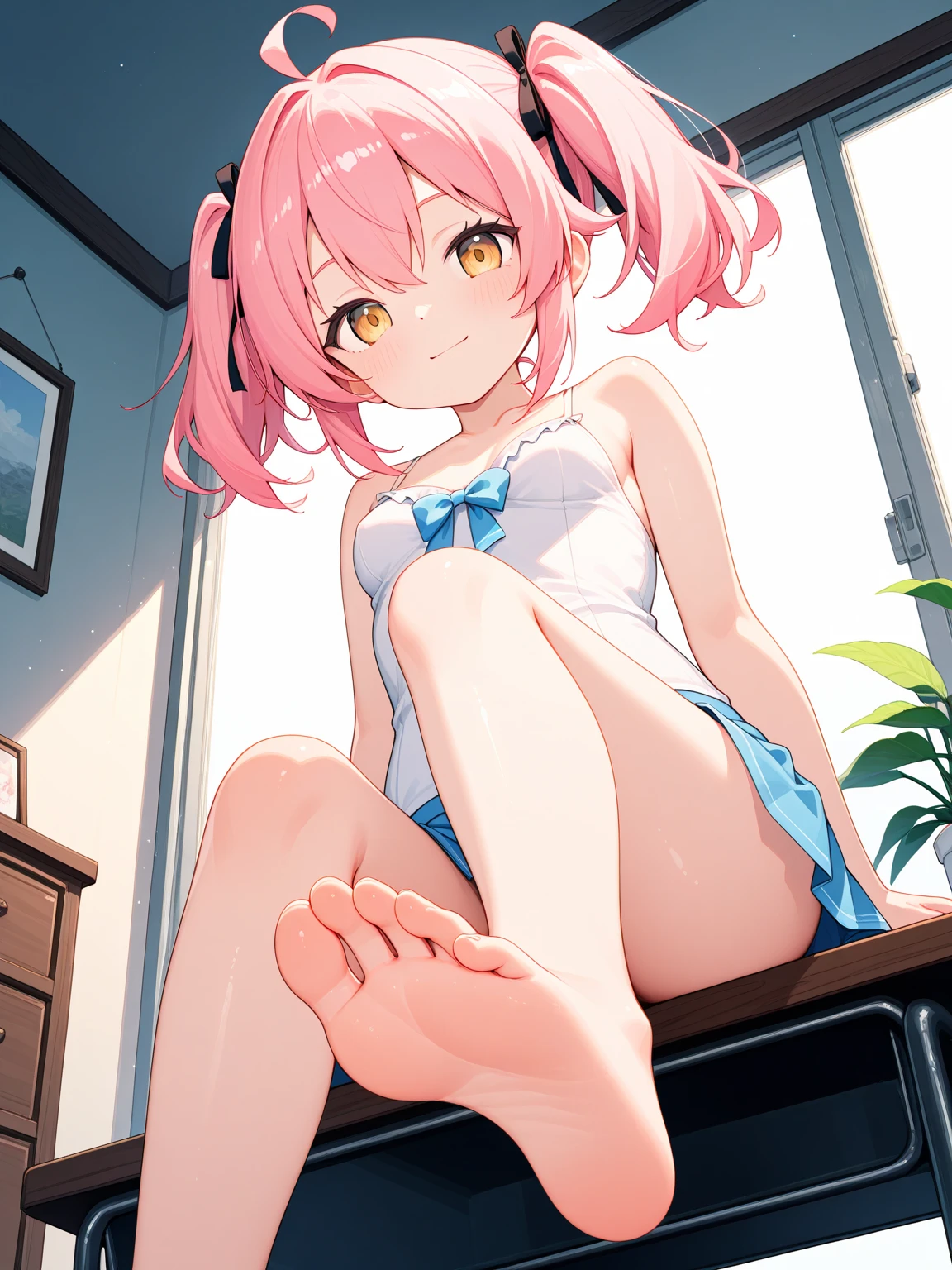 （（Intricate picture）），（（（Detailed Description））），（（（Delicate face））），Vibrant colors，（（（Ultra-fine hair drawing））），（（hair high quality））， （（（Super quality）））， Anime Style， Chiaroscuro， Depth of written boundary， Light from the rear window causes backlighting， Full body portrait，dynamic， stereopsis， masterpiece，（（ Very detailed））， Attention to detail， high quality， 4K， 最high quality， High resolution，（（（ink wash style）），(main part:1.2, 最high quality), (live-action, Intricate details), 1 Escape, alone, Sitting, Show off your legs, Show me your legs,showing alone,Intermediate,Minimalist Makeup, Natural materials,Face close-up,smile, Mischievous face,white, Point your foot at the camera, clear, stripe, stripe na testa,Mature Body, Facing Madura, Correct ??????? of the foot, Foot Anatomy, Sexy legs, Feet pointing towards the viewer, Get away, Detailed feet, Correct ??????? of the foot,steel ball,Pink Haired and Green Eyed Anime Girls Sitting on the Couch, Pink pigtails and cyan eyes, Anime Moe Art Style, anime ears, Cat ears anime girls, anime waifu, Fascinating Anime Girls, Cute girl anime visuals, Ahegao face, Cute anime face, Anime Girls, 若いAnime Girls, Cute Anime Girls, Ahegao,Big Breasts,Black bra top and panties