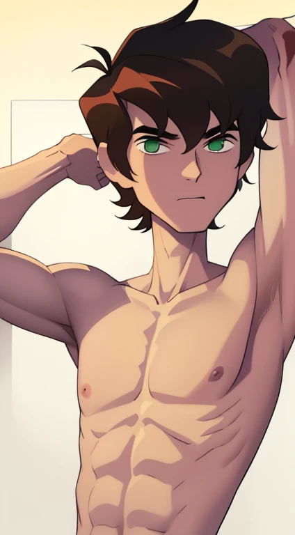 Highres, Masterpiece, Best quality at best,Best Quality,hight quality, hight detailed, 1boy, bentennyson, green eyes, (shirtless, topless, bare chest), (showing armpit:1.3), upper body, the day, summer