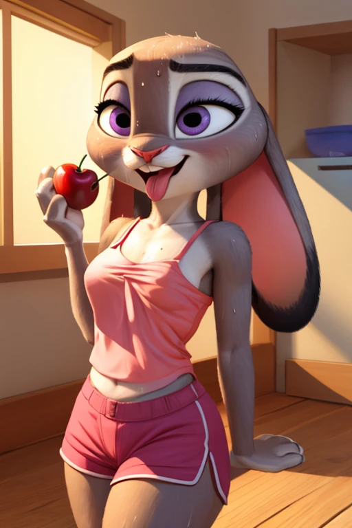 score_9, score_8_up, score_7_up, score_6_up, cinematic,natural skin texture, hyperrealism, professional photography, Depth of field, bokeh, photorealistic,realistic, BREAK female anthro rabbit,zootopia style,judyhopps, half-closed eyes, anthro in heat, detailed grey fur,judyhopps, tight sport leggings, crop top,covered perky nipples,thigh gap, (sucking a carrot:1.2), holding carrot, tongue out