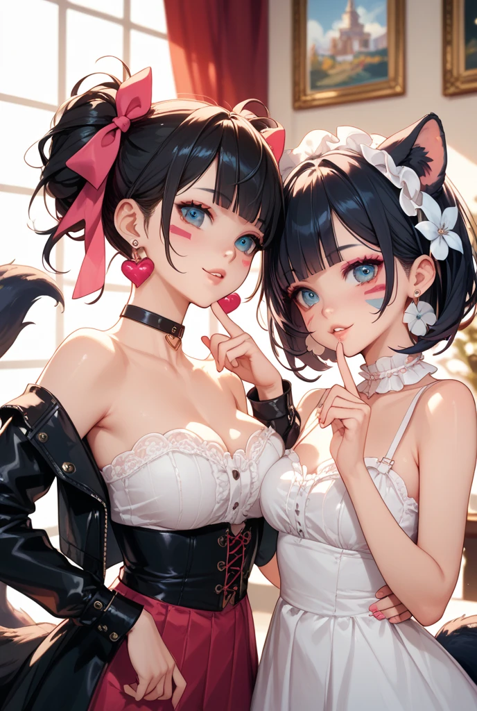 una cara de bebe，Por flequilne of sight is correct，Lower the corset completely，Many drops of sweat, pelo largo negro con orejas de gato y ojos rojos 