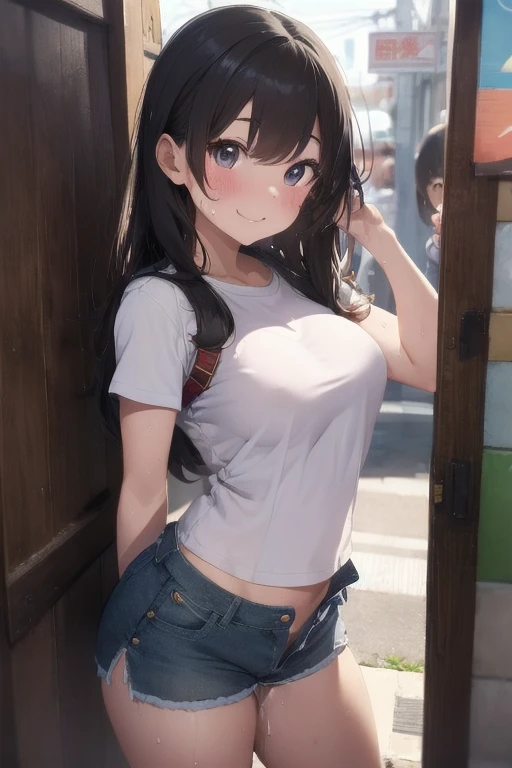 brown hair、looking at the viewer　　suspenders　　　Bulging big breasts　　 　 　　　　jeans　boots　　　　　Gaze　　　small face　bangs 　　　　　Beauty　　hands up　　 　Gaze 　黒いboots 　provocation　　armpit sweat　one person 　　put your hands behind your back　cutter shirt　　belt