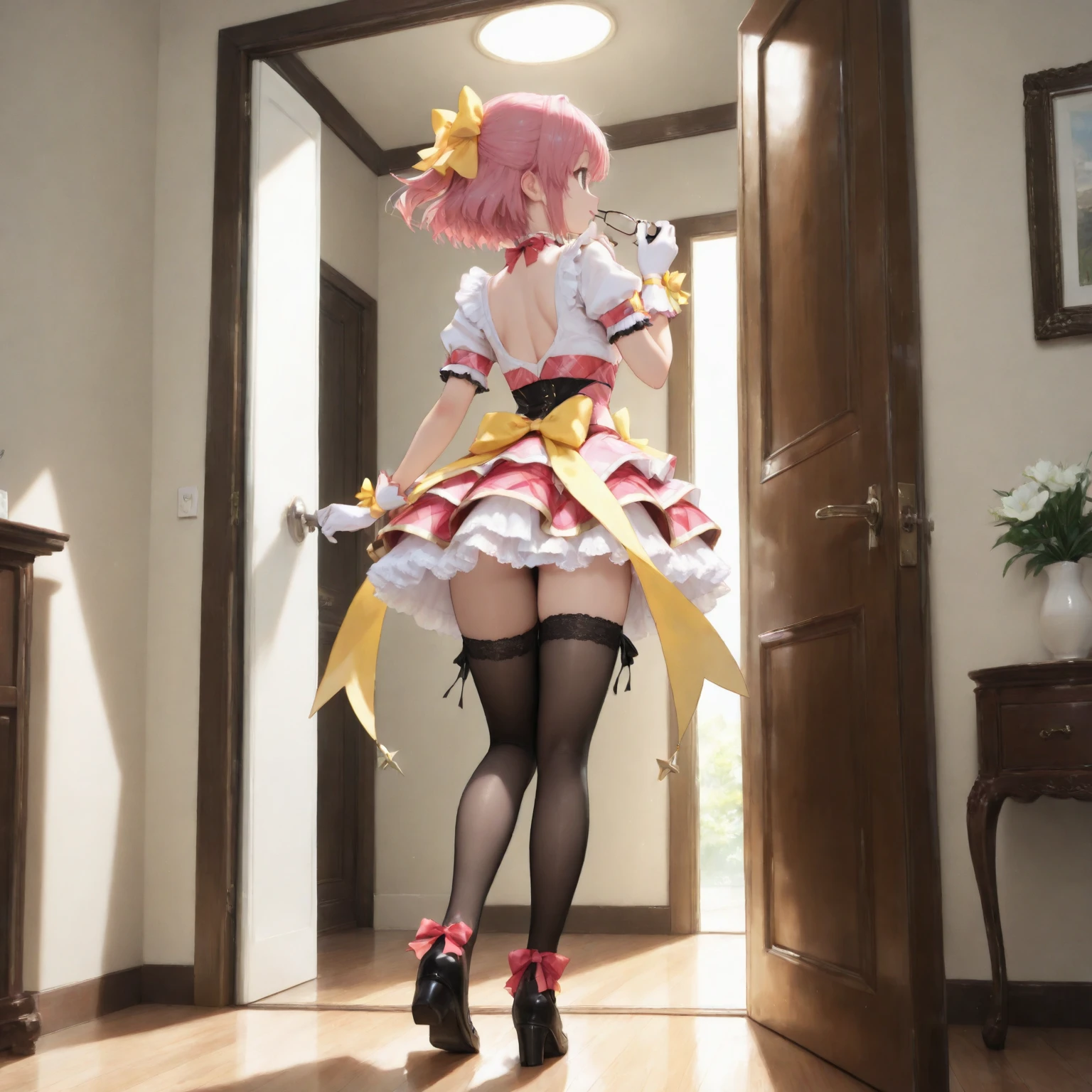 ((Best quality)),((masterpiece)),((1 girl)), ((white and pink maid uniform)), ((sexy)), ((shows ass)), ((perfect ass)),((lace thong)), ((fishnet stockings)), ((full length)), ((back view))