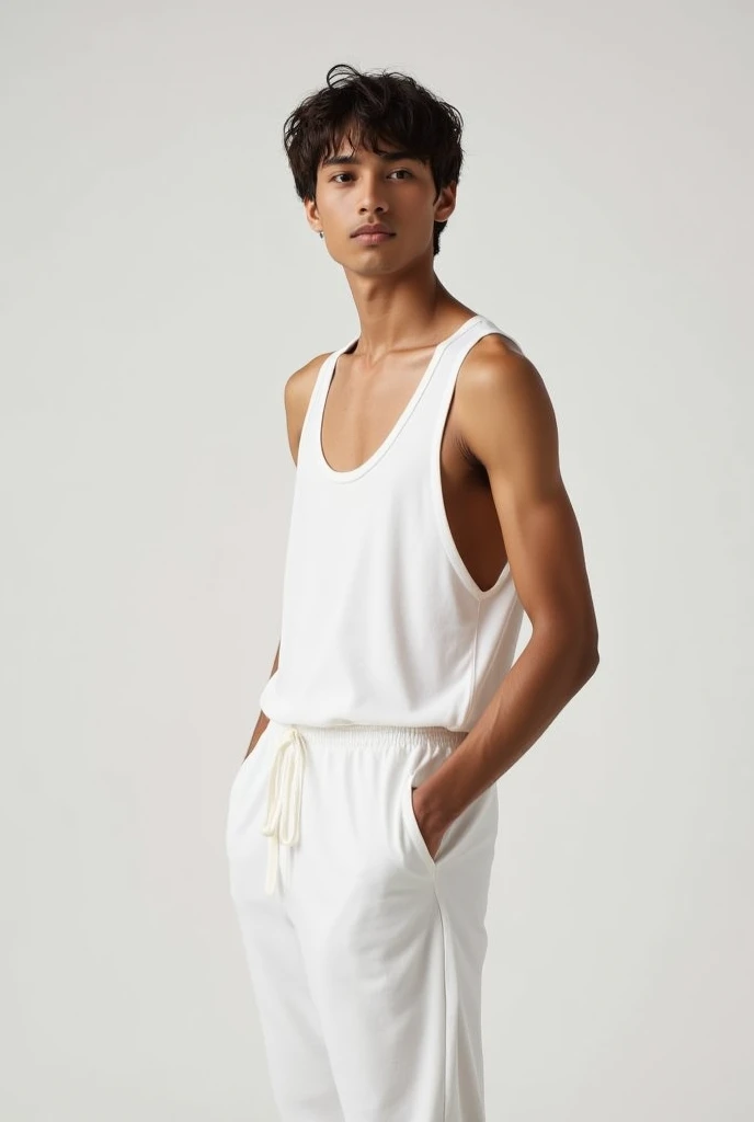 Male model showing off his white sportswear, gray or red clothes, without any accessories. 