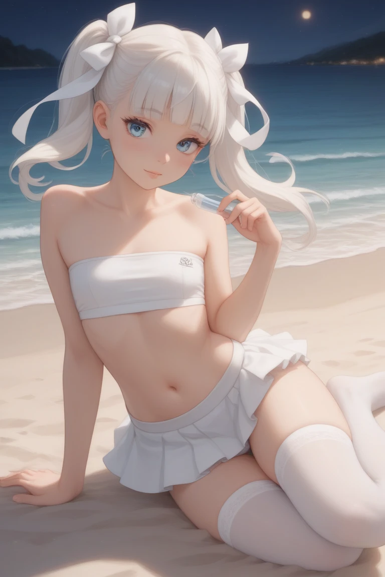 loli, petite body, pequena elfa feminina, olhos verdes, cabelo branco, long cabelo branco tied with two white pigtails,midriff tonificado, como todos os elfos, orelhas grandes e pontiagudas, rosto vermelho de vergonha, brincos de ouro e vermelhos, White lace tights, calcinha de renda branca, white bikini lace, roupas transparentes, roupas de suor molhado,pingando com suor, corpo do suor, suor corporal, corpo liberando vapor de suor, praia