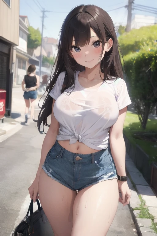 1girl, anime girl, anime, elf girl, 2d girl, 16y, (fullbody), standing, anime girl, black eyes, closed mouth, (ahoge, long hair, black hair), ((black latex tank top, cleavage, areolae, areola, areola exposed)), Solo, Slim, medium breasts, medium ,medium Breasts, sfw, Tight Shorts, low waist shorts, upshorts, medieval city background, stars in the sky, looking at viewer, darker shadows, (((explicit))), (((shorts))), (((absurdres))), (((thigh gap))), cameltoe, (((cameltoe))), (((cleft of venus))), (((lowleg shorts))),