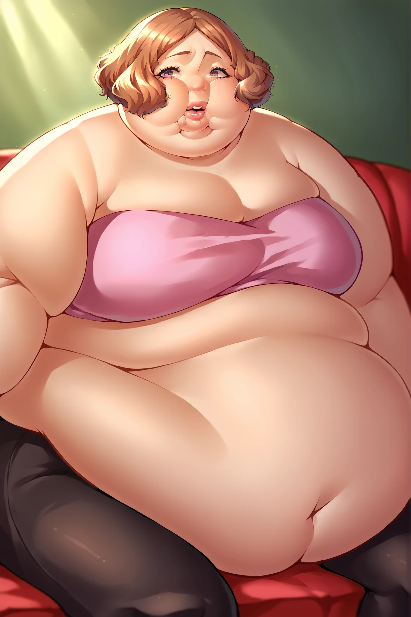 ((Masterpiece)), perfect anatomy, perfect shading, field of depth, (best quality), extremely delicate and beautiful, perfect lighting, detailed face, ultra cute face, cute, full body, (((1girl))), (((solo))),
gamer girl, short hair, fluffy hair, pink hair, hair covers one eye, green eye, ((blush))), embarrassed, (lack tank top 1.2), (panties 1.2), headset, thigh highs, choker, extremely tight clothes, medium breasts, cleavage, perky breasts, (((wide hips))), ((thick thighs)), ((plump)), chubby belly, fat rolls, belly hang, she has a jiggly belly,
gaming pc, neon lights, messy room, taking a selfy, intricate background, detailed background,