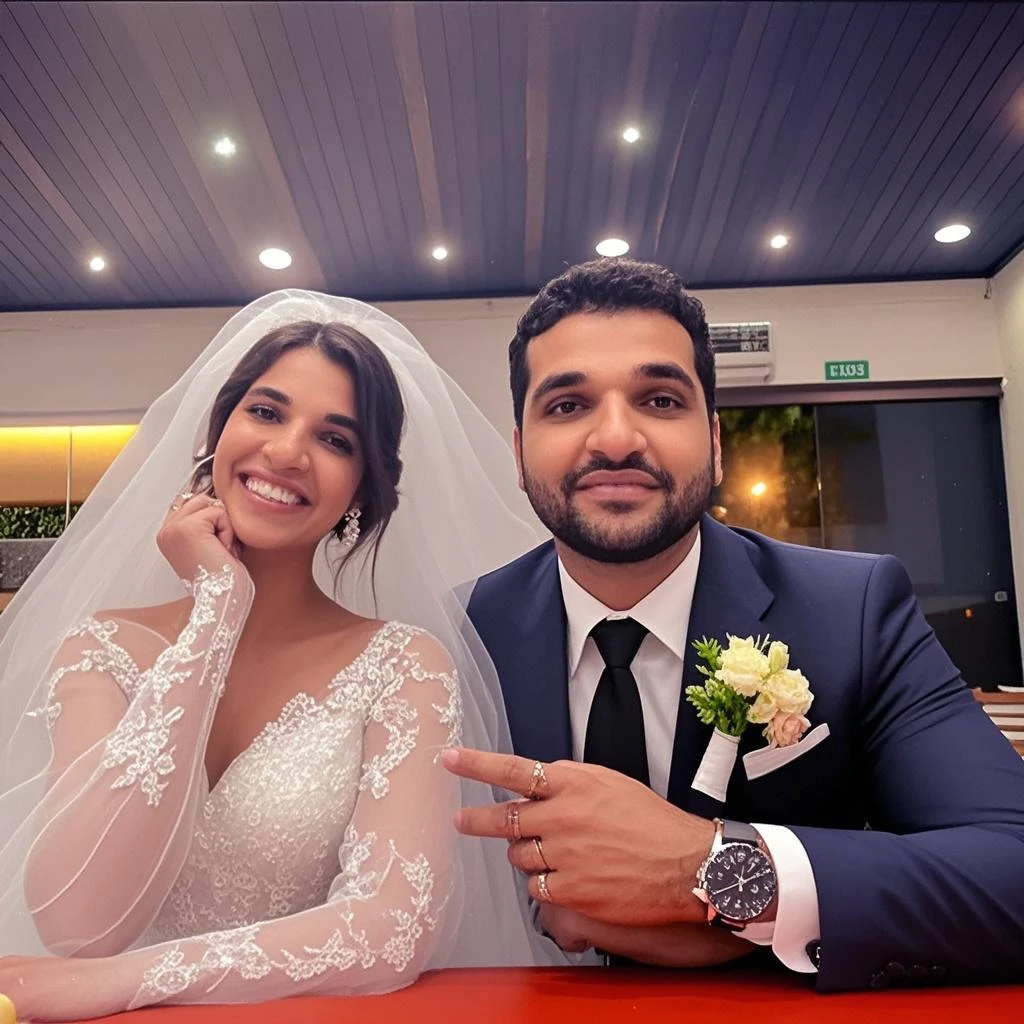 A new couple which meet first time on his marriage. Boy wearing a pant coat name Khizar written on it and Girl wearing a bridal Dress name Sonia written on it  