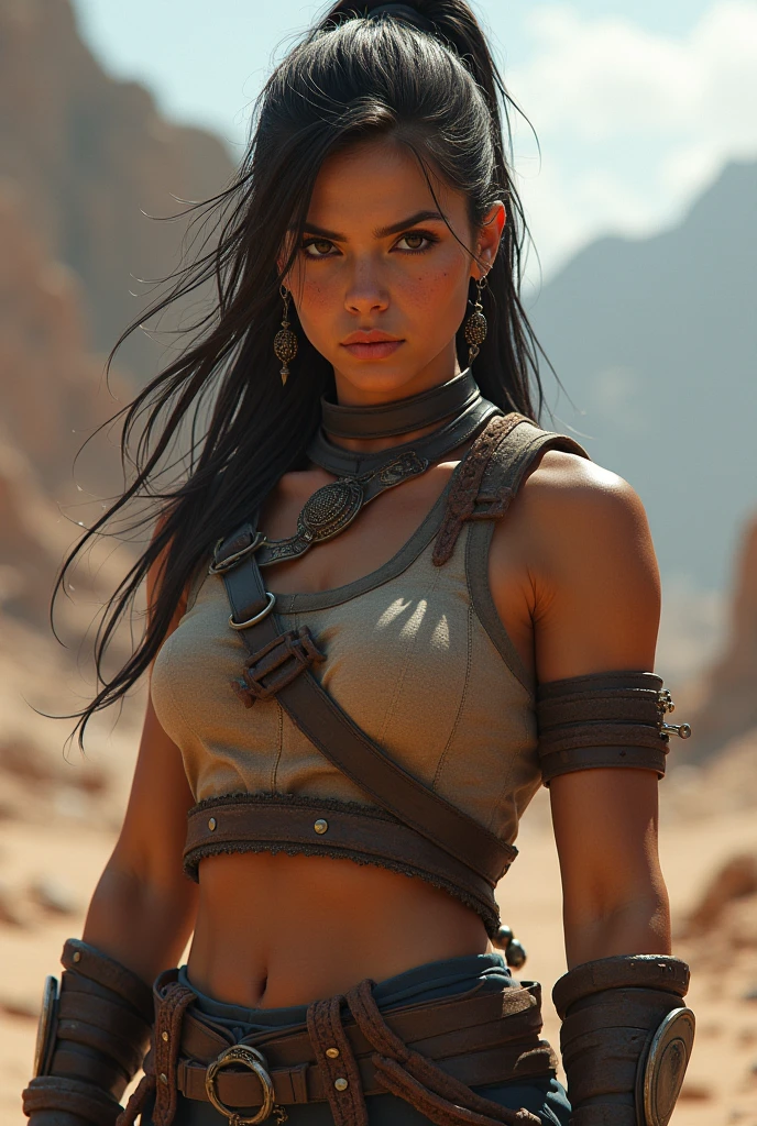 nsfw, anime screencap, 16K, perfect anatomy proportion body, perfect hands, action, A dynamic composition with a sense of speed and movement, a wife, 40age, perfect beautiful delicate sexy face, perfect beautiful delicate eyes, braid-in-braid black hair, (dark skin:1.6), huge breasts, abs, Wearing an elaborate chainmail breastplate and loincloth, Many shirtless people wearing loincloths in the background, factory, Desert Battlefield, war, Post-apocalyptic,