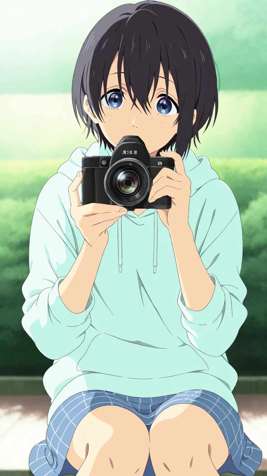 A dark-haired boy holding a camera stands on the beach facing the sea to take pictures --auto --s2