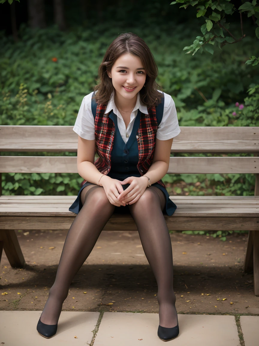 (((masterpiece))), (((highest quality: 1.4))), ((Super Detail: 1.4)) ,ulzzang-6500-v1.1,  (RAW Photos:1.2), (Photorealistic),(Genuine: 1.4), (Mastepiece), highest quality, shape, Very detailed, finely, High resolution, 8k wallpaper, 完璧なダイナミックな構shape, Beautiful and detailed, (Plaid vest), , A tough challenge, (Ultra-realistic pantyhose:1.2), Skirt and medium hair,, Natural color lip, Bold sexy pose, Squatting in the park、(A very loving smile:1.2)、23-year-old woman、cute、sexy shot looking at camera, Realistic skin texture、Shiny skin、Exposed thighs!!! (Full Body Shot:1.4), Natural Skin Shader, Volumetric, Warm shades beneath her skin,