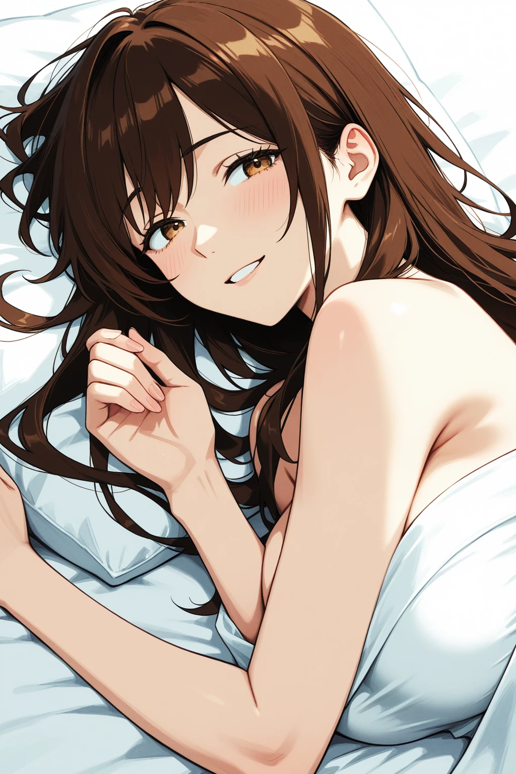 score_9, score_8_up, score_7_up, score_6_up, score_5_up, score_4_up, source_anime, 1woman,lora:amber1-000008:1>, amber5star, upper body, smile, brown hair, long hair, closing eyes, white shirt, short, chokcer, looking at the viewer, bed, She's lying on the bed, room, best quality, best res, 4K UHD,
