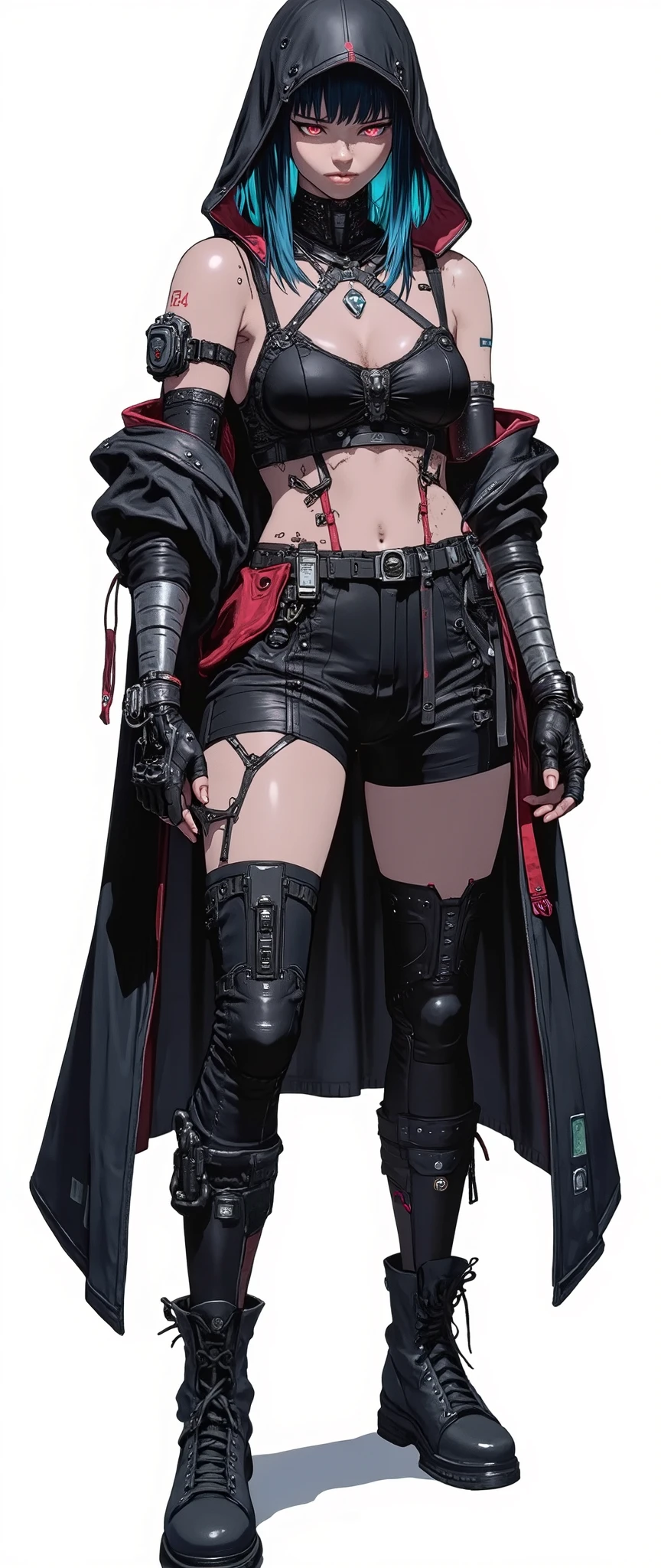 masterpiece, latest, very aesthetic, A very beautiful 28 year old adult woman, sexy body, mixed race oriental, oriental features, straight hair with two side bangs to the face, cyberpunk style, blue hair and medium length, she is wearing a cyberpunk style hood, black and red "Assassins Creed" style clothing, gothic style, with some futuristic accessories, steampunk clothing, dark fantasy clothing, [[she is wearing combat boots and a black ripped overcoat]], she has black hair, with anime features similar to the anime 'Vampire Hunter D Bloodlust', , rossdraws 2.0, rossdraws 1.0, high quality image, adult style anime, reminiscent of 90's anime. 3 tone, 90's anime colors, defined and striking features, serious look, high resolution, 3 color tones, cell tone, high contrast, no gradient, FRONT VIEW [[[ SHE IS IN FRONT]]] , [[Full body]] [[Image showing your entire body from head to toe]] [[Full body]]] , masterpiece, high resolution, anatomically correct, high quality, anime style drawing 'Fatal Fury', anime style drawing 'blade&soul'. anime features, rendered in the style of the anime 'Vampire hunter D' [[White background]]